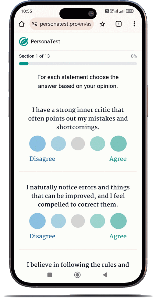 Celular moderno com resultados de teste de personalidade